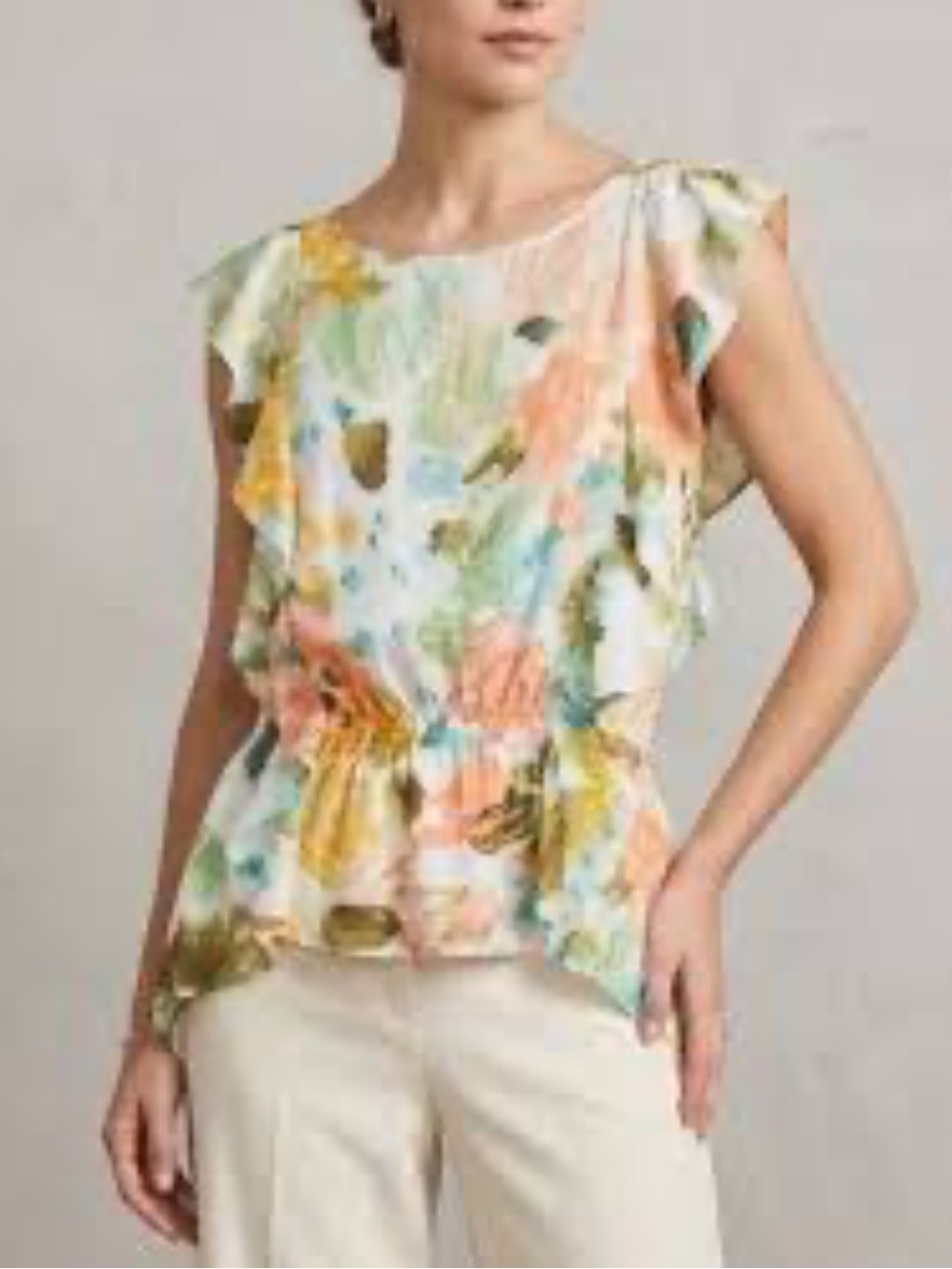 Sundance Colorful Abstract Print Sleeveless Asymmetric Ruffling Silk Blouse Sz S